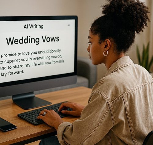 Engaged woman at computer using AI tools for wedding planning to write her wedding vows