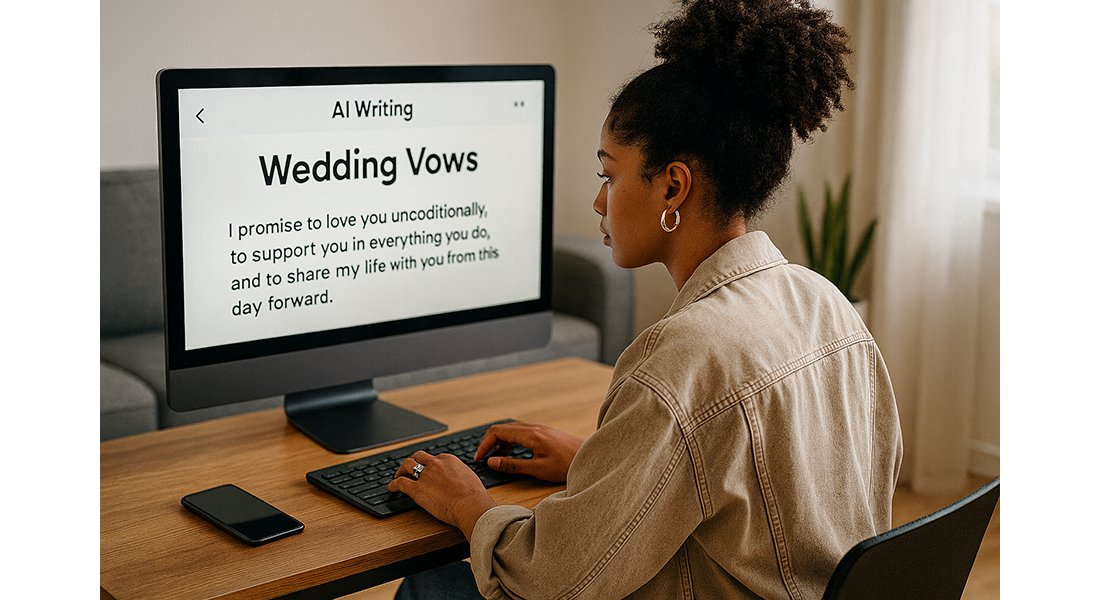 Engaged woman at computer using AI tools for wedding planning to write her wedding vows