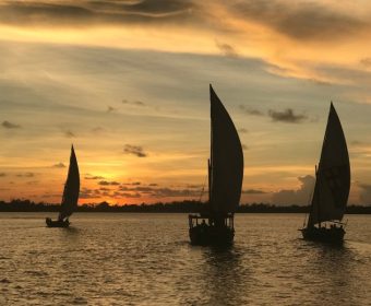 Elegant dhow sailboats in Lamu, Kenya, glide across the ocean at sunset, painting the horizon with warm hues.