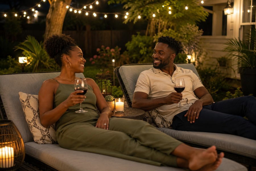 Married young couple enjoying a romantic night under the stars in their backyard outdoor living space.
