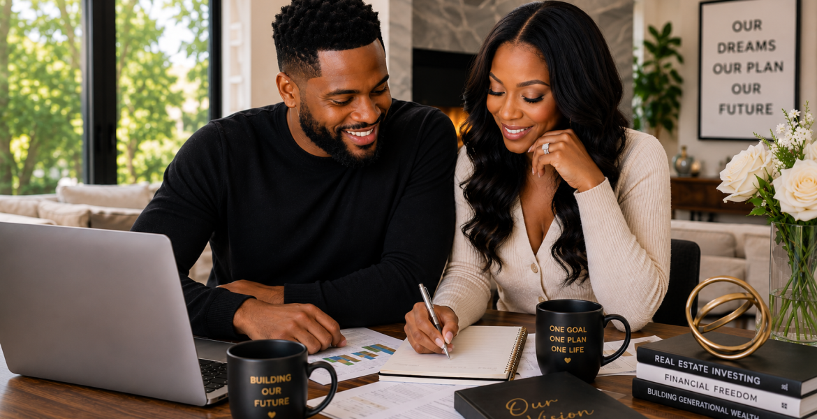 Black married couple practicing financial planning for couples as they review their budget and future financial goals together at home.