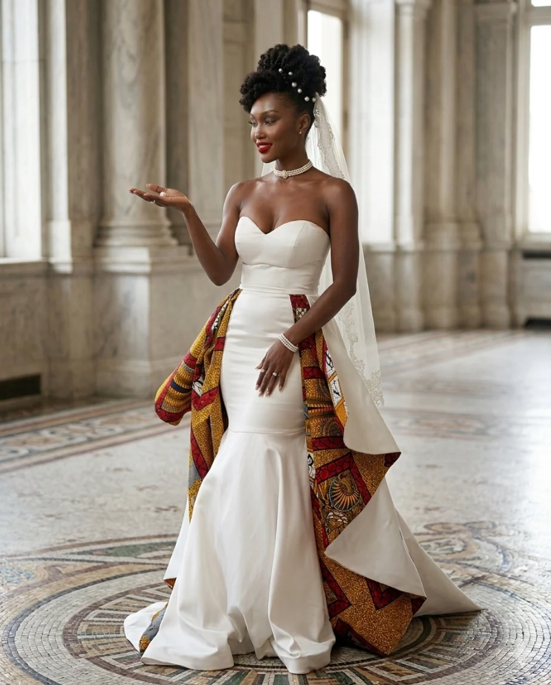 Created by award-winning designer Ugochi Iwuaba, the Heritage Reverie Gown is where modern bridal refinement meets cultural artistry. Designed in a sculpted strapless silhouette, this gown is elevated by dramatic cascading panels crafted in richly patterned heritage fabric — transforming tradition into quiet luxury.