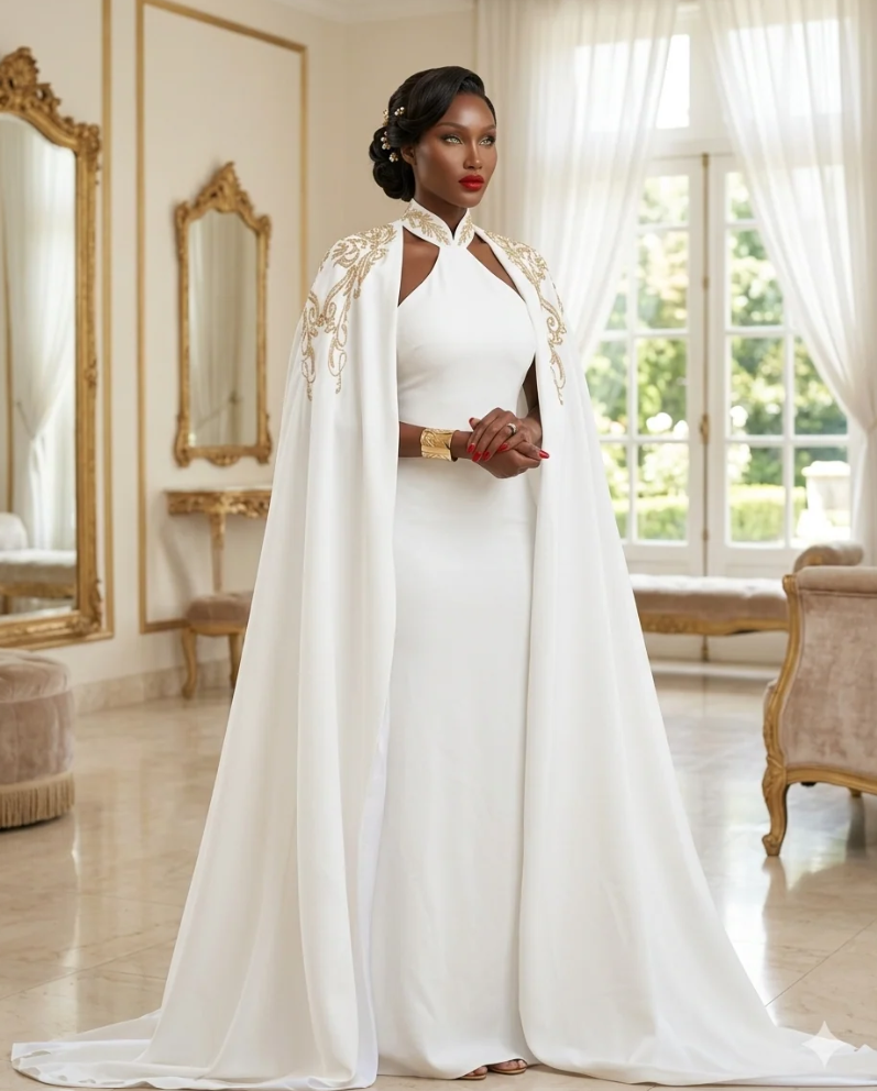 The Divine Radiance Gown vy Ugochi Iwuaba is designed for the bride whose presence speaks before she does. Crafted in a fluid floor-length silhouette, this gown is elevated by a sweeping embroidered cape that drapes with effortless authority and refinement.