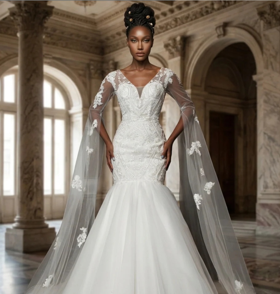 Ugochi Iwuaba's The Celestial Heirloom Gown is a study in grace shaped with precision. Designed with an intricately embellished bodice and sculpted mermaid silhouette, this gown is elevated by sheer cascading cape sleeves that move with quiet drama and fluidity.