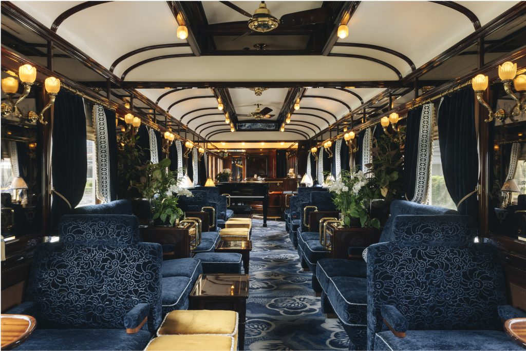 Venice Simplon Orient Express' famous Bar Car ‘3674’, where cocktails, live music at the piano, and conversation fill the carriage late into the evening