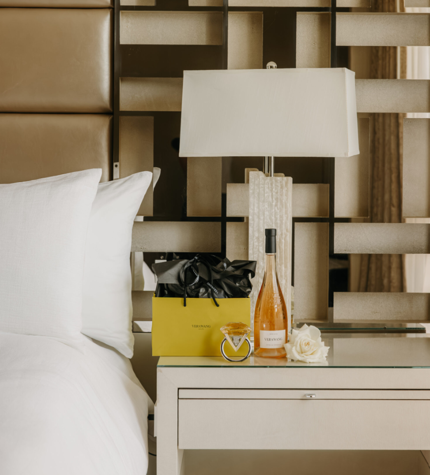 Brides who stay at the new Vera Wang Bridal Suite at L'Ermitage in Beverly Hills, California, will find Vera Wang glassware, bath linens and bedding accents carry the designer’s aesthetic beyond the gown. Brides also receive take-home gifts, including Love Eau de Parfum by Vera Wang and Vera Wang Rosé.